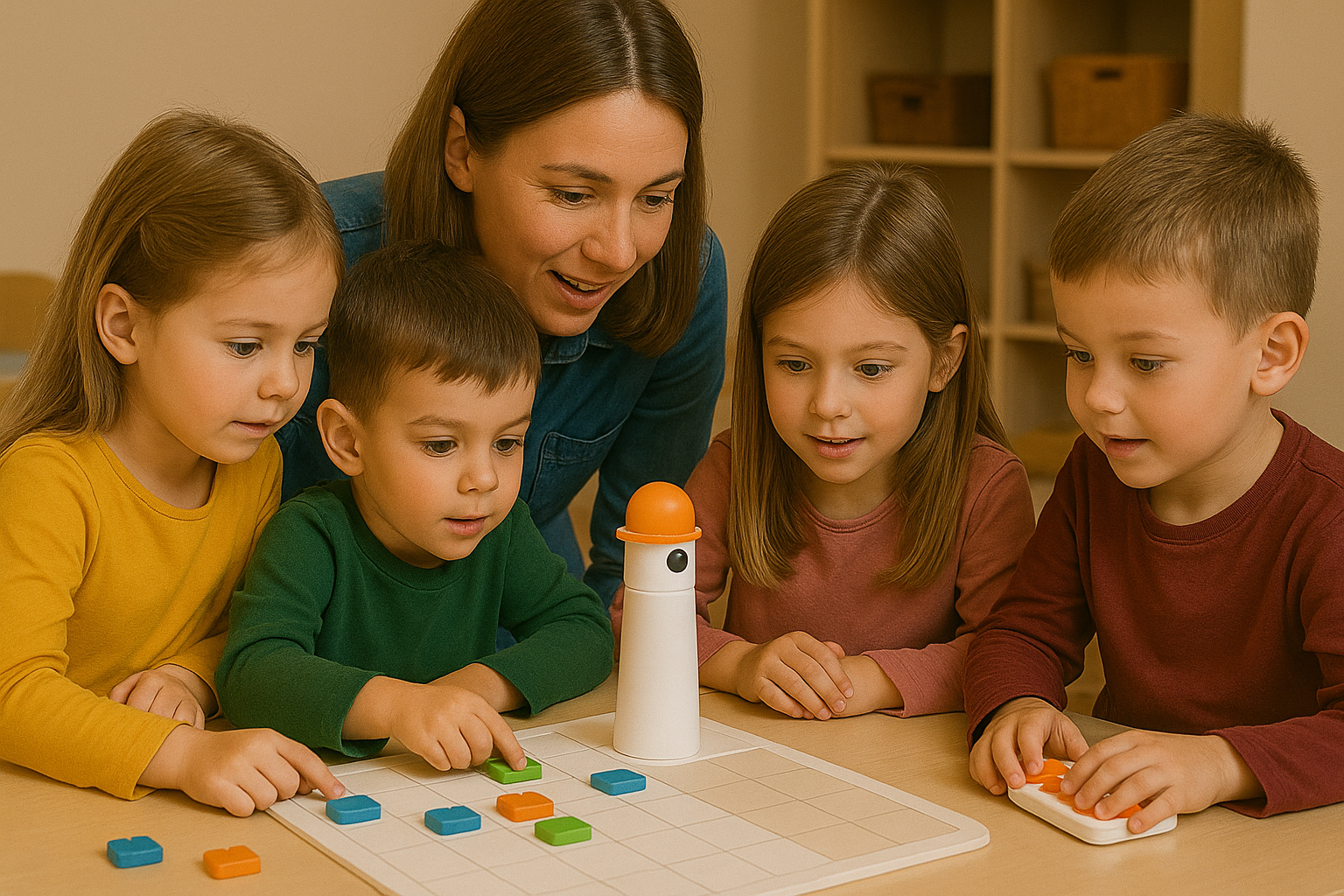 Vaspitačica i četvoro dece zajedno programiraju robota na tabli sa pločicama